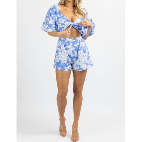 NEW LUXXEL floral puff sleeve romper in bright blue - Picture 1 of 7